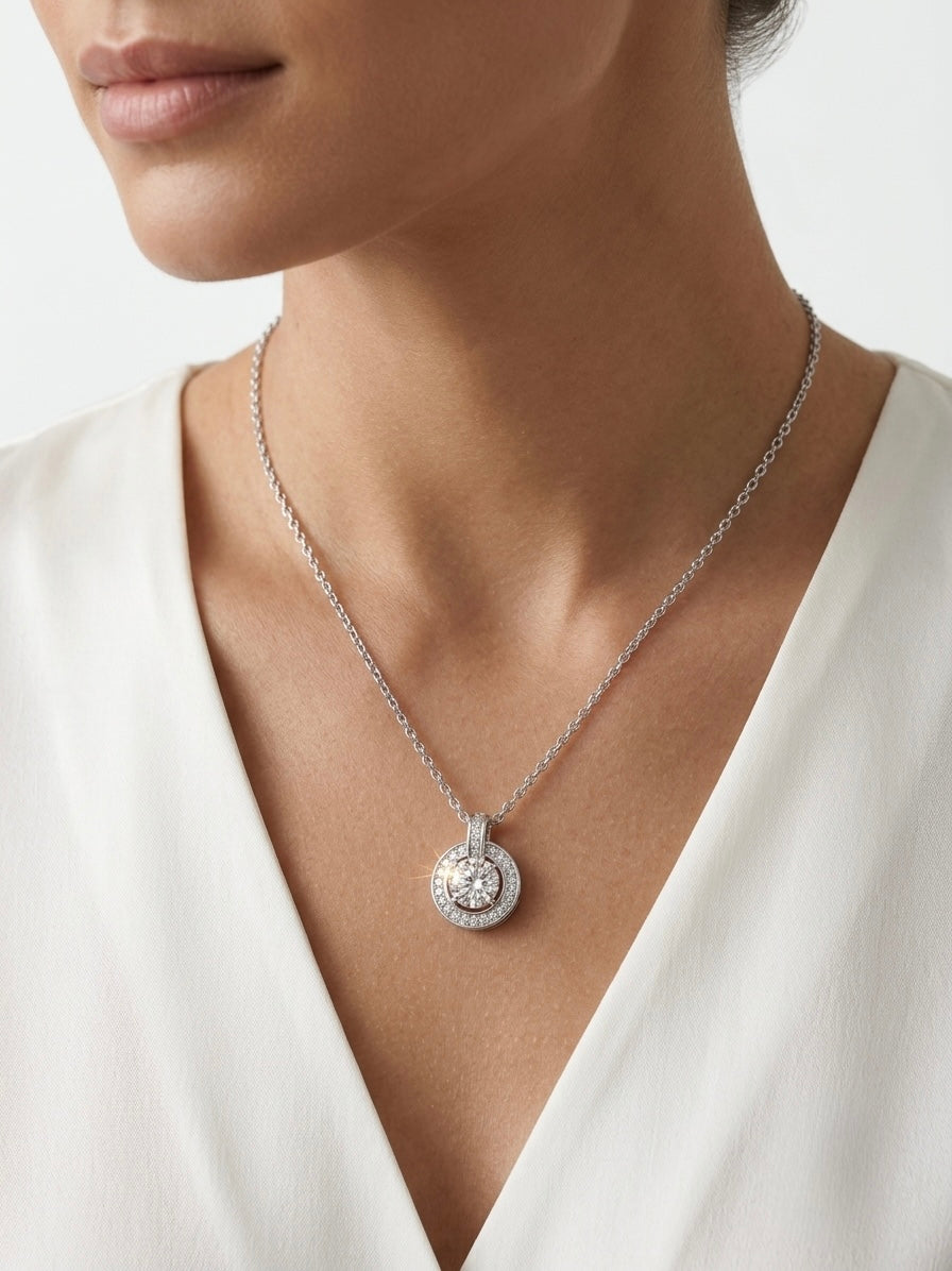 925 Sterling Silver Halo CZ Solitaire Pendant Necklace for Women