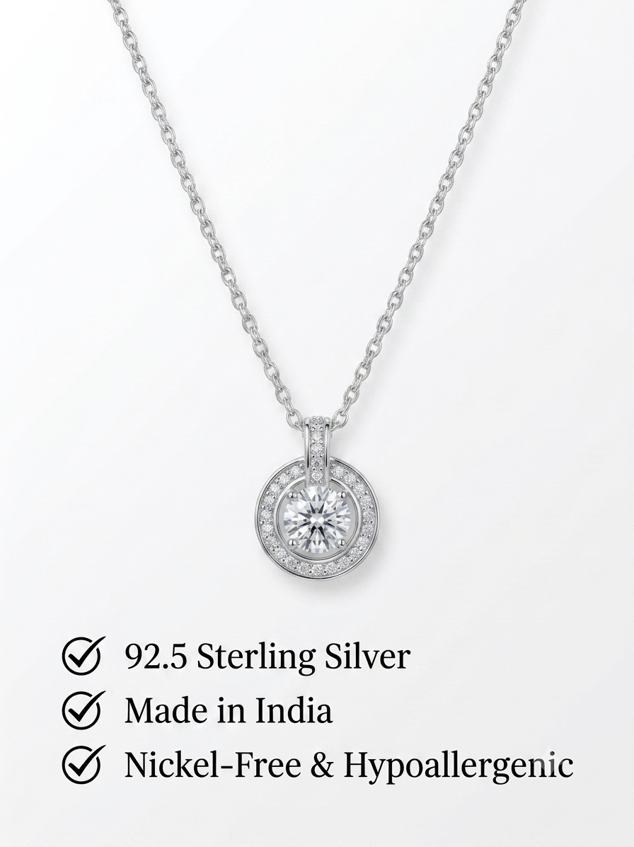 925 Sterling Silver Halo CZ Solitaire Pendant Necklace for Women