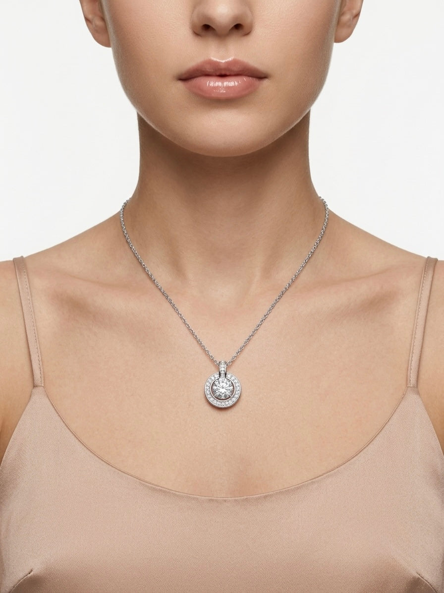 925 Sterling Silver Halo CZ Solitaire Pendant Necklace for Women