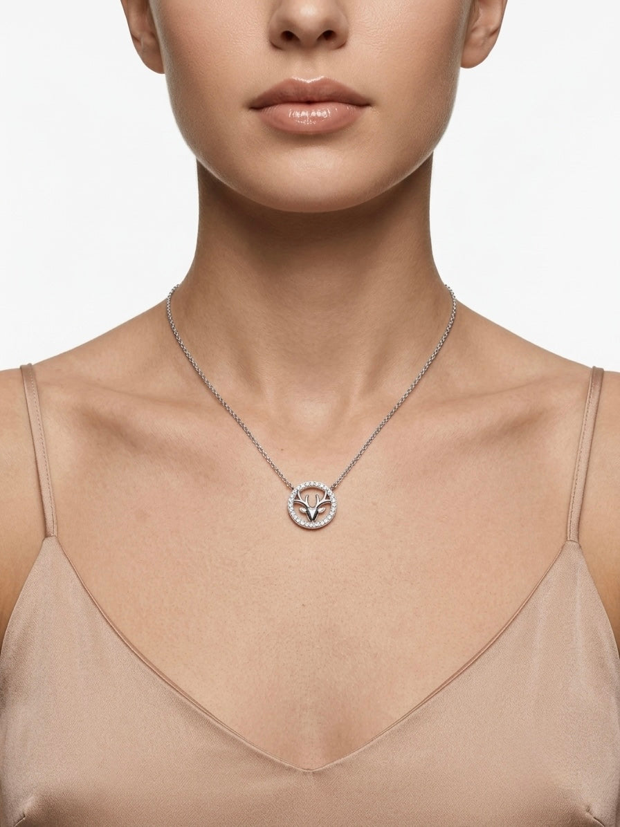 925 Sterling Silver CZ Deer Head Circle Pendant Necklace for Women