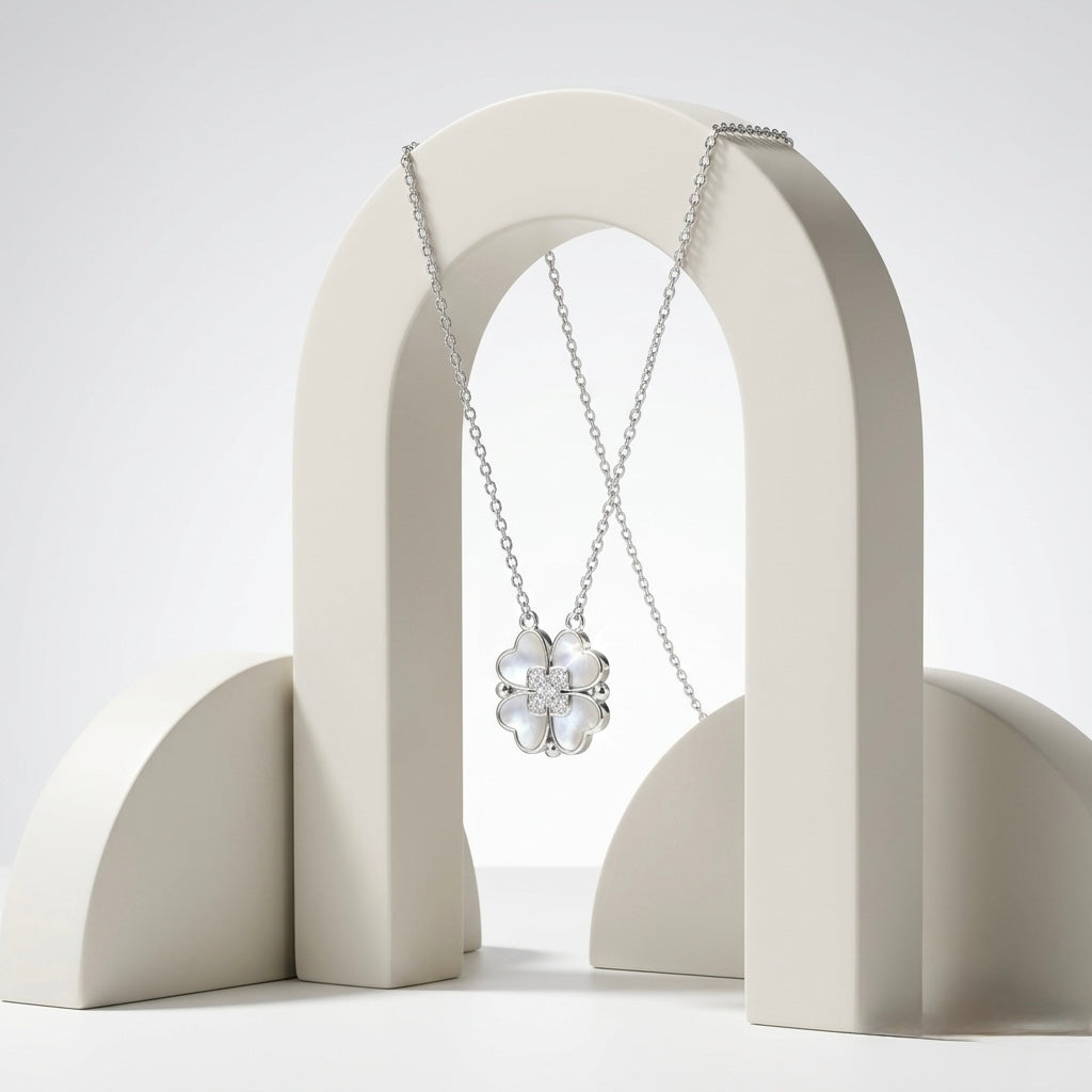 925 Sterling Silver Mother of Pearl Four Leaf Clover CZ Pendant Necklace for Women