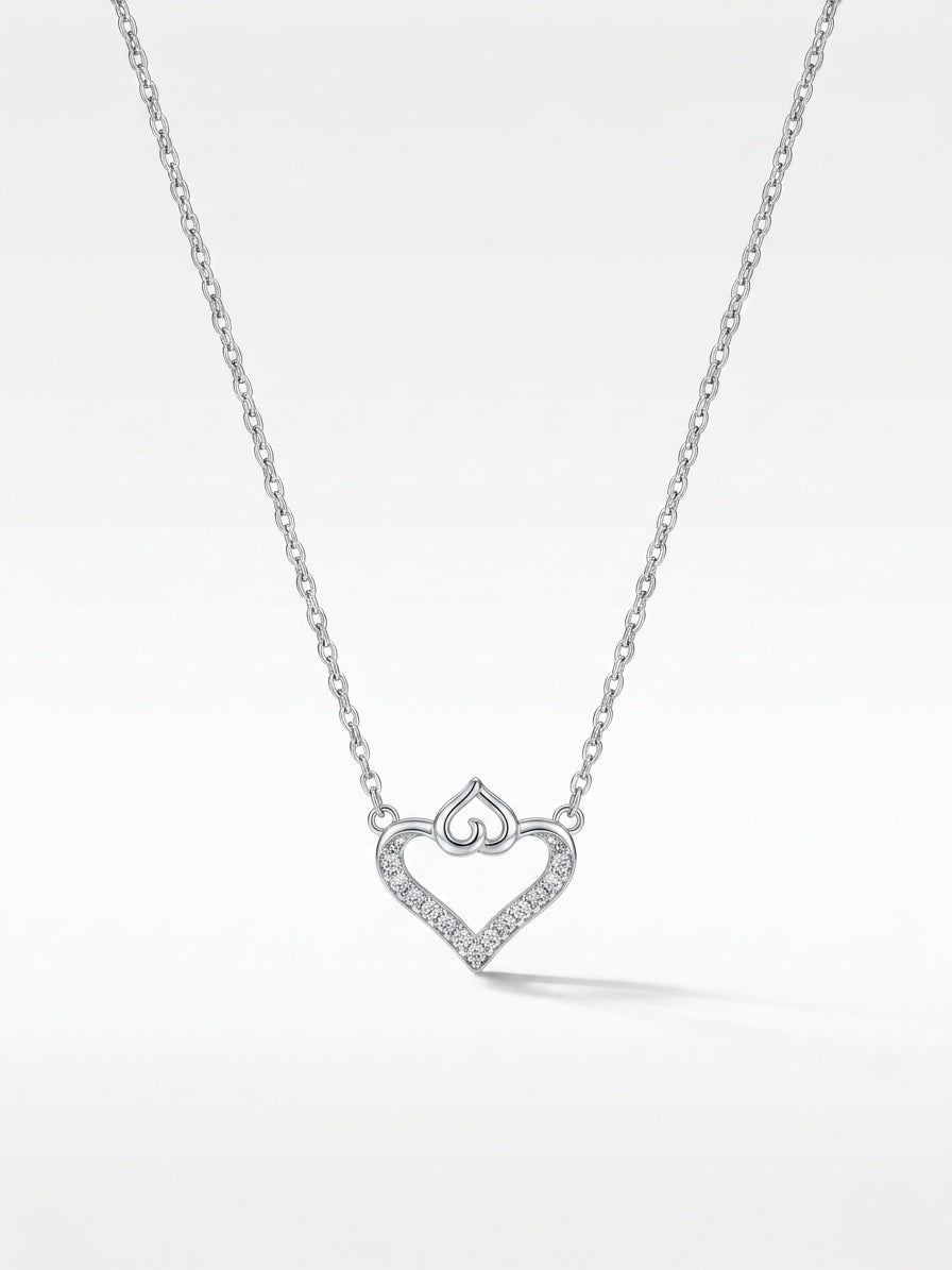 925 Sterling Silver Heart Duo Cubic Zirconia Necklace for Women