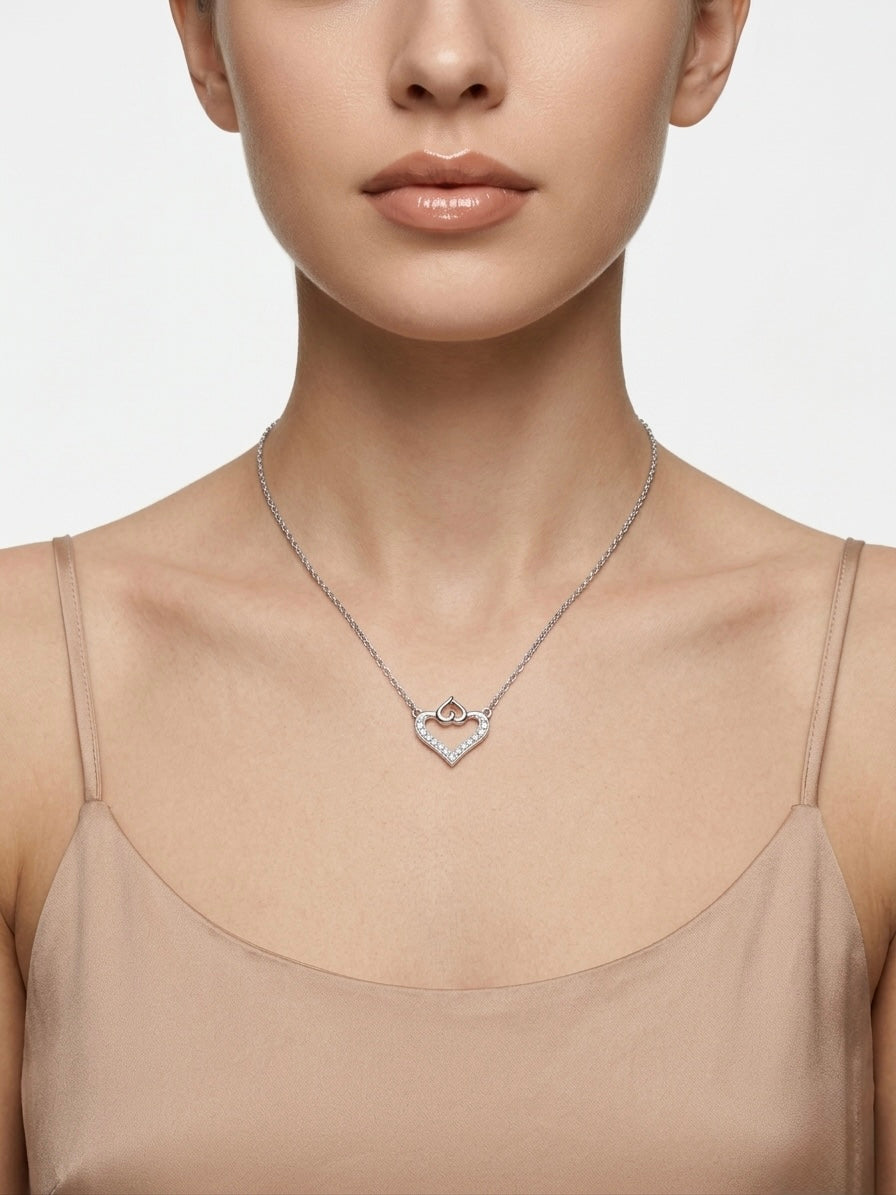 925 Sterling Silver Heart Duo Cubic Zirconia Necklace for Women