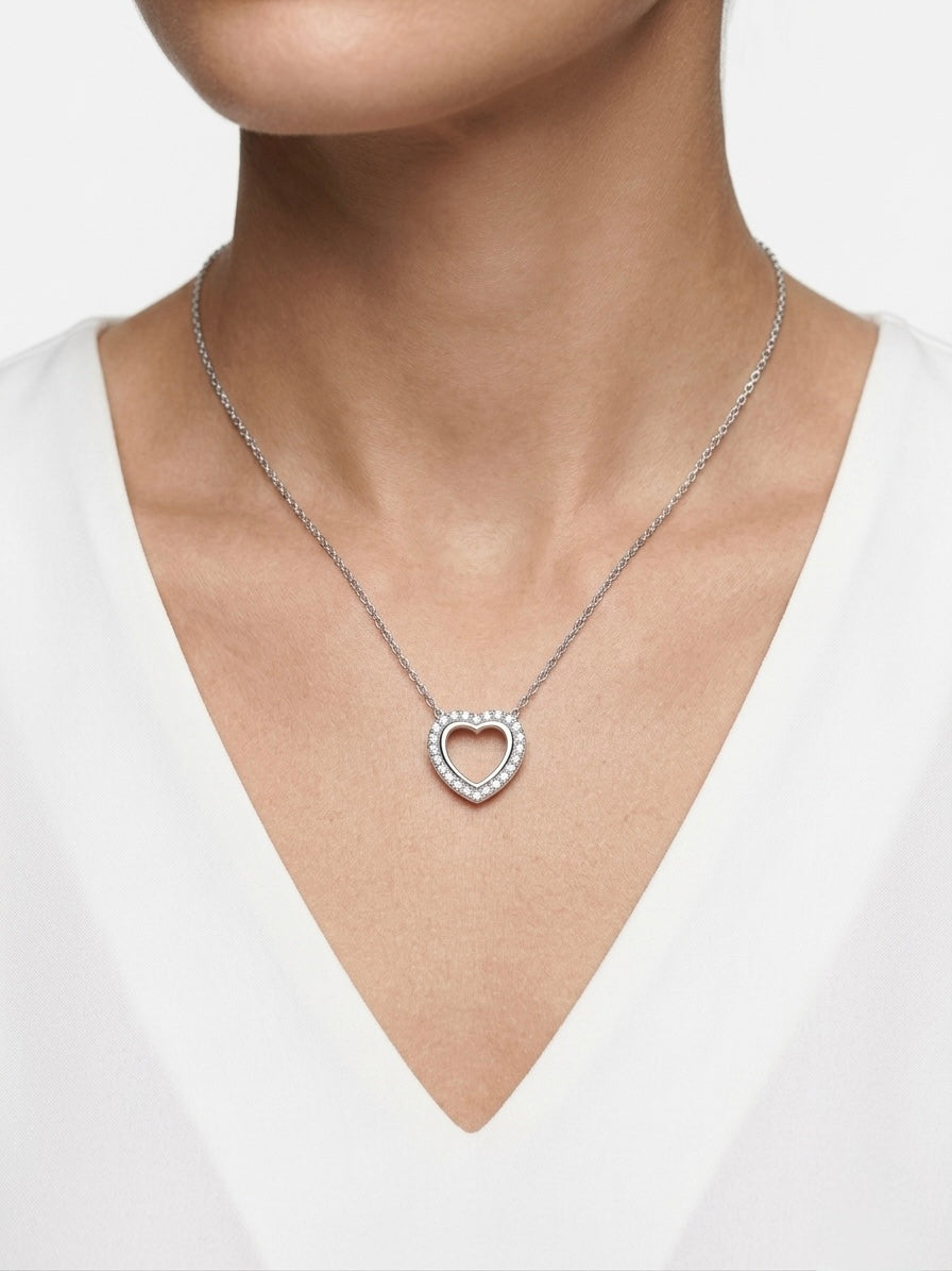925 Sterling Silver Romantic Double Heart CZ Necklace for Women