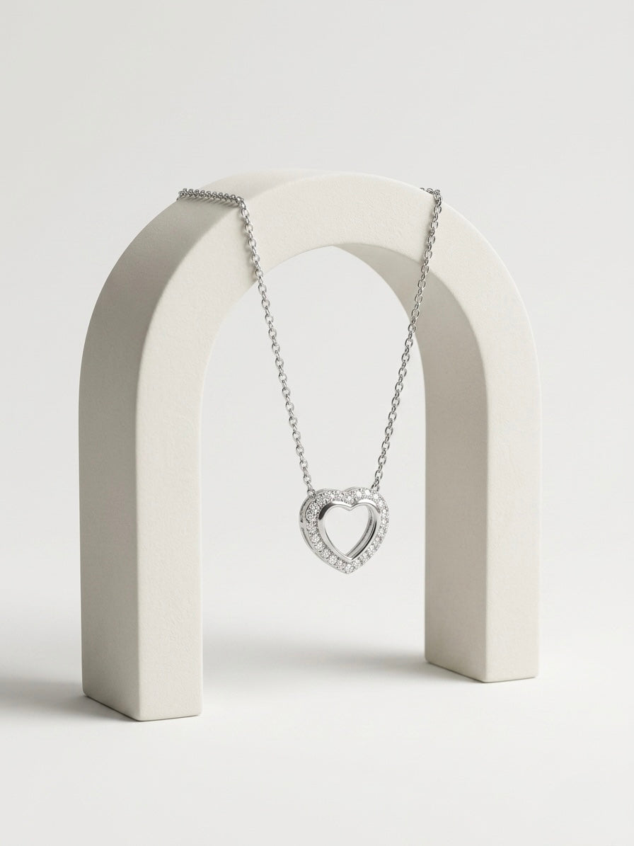 925 Sterling Silver Romantic Double Heart CZ Necklace for Women