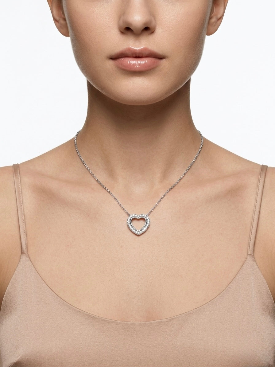 925 Sterling Silver Romantic Double Heart CZ Necklace for Women