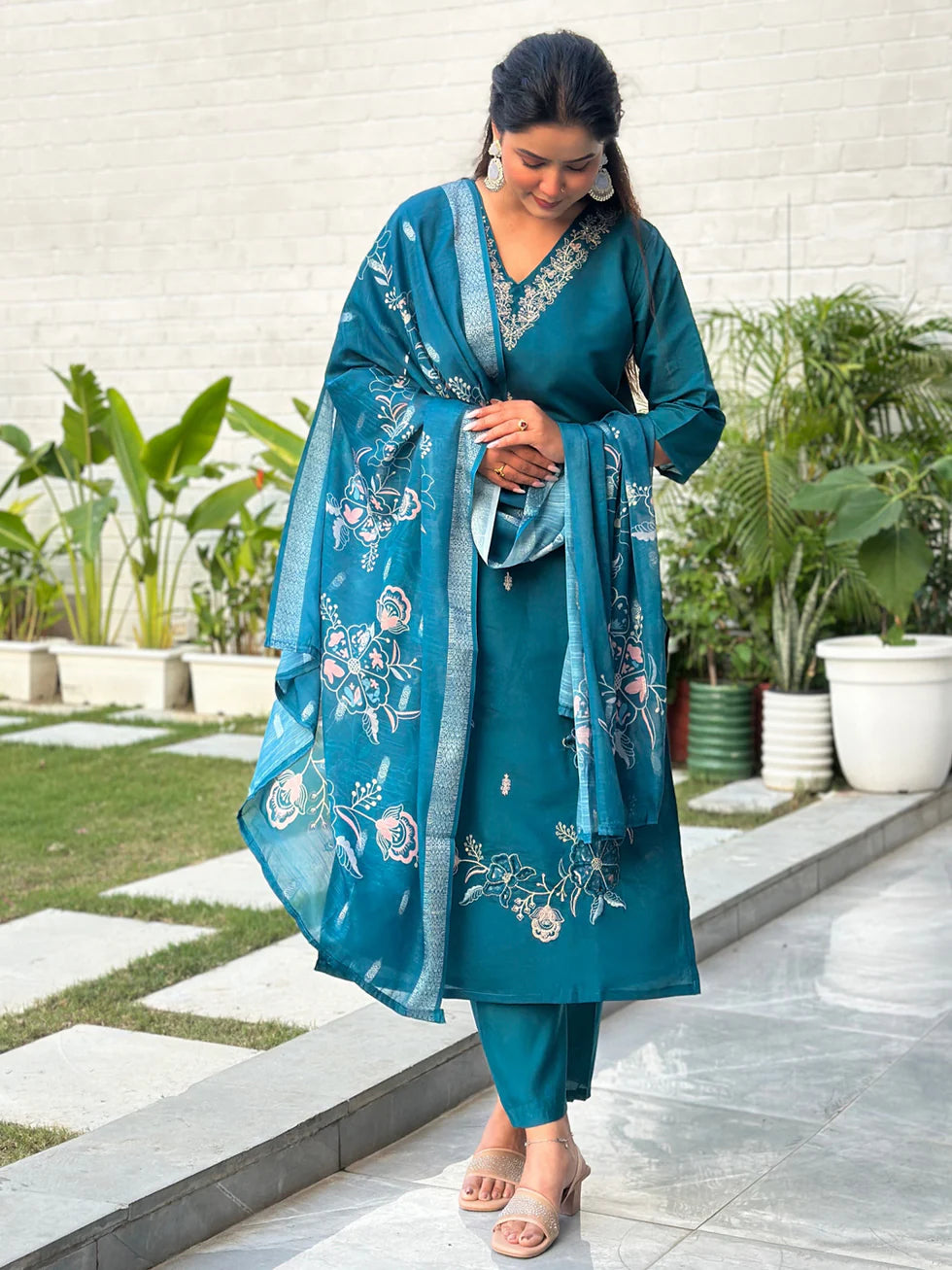Teal Meher Floral Embroidered Festive Set