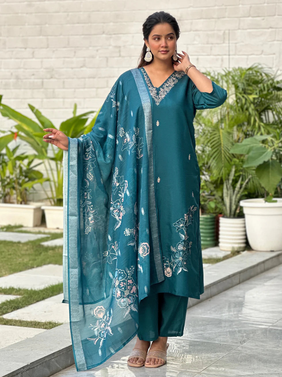 Teal Meher Floral Embroidered Festive Set