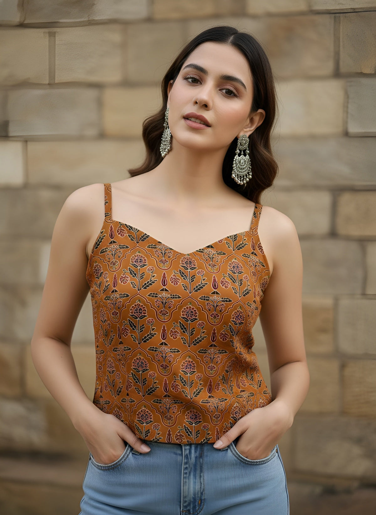 Mustard Printed Crop Top For Girls & Women