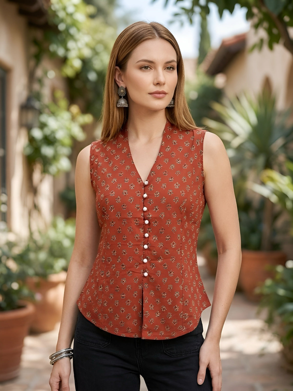 Women Rust Printed Top