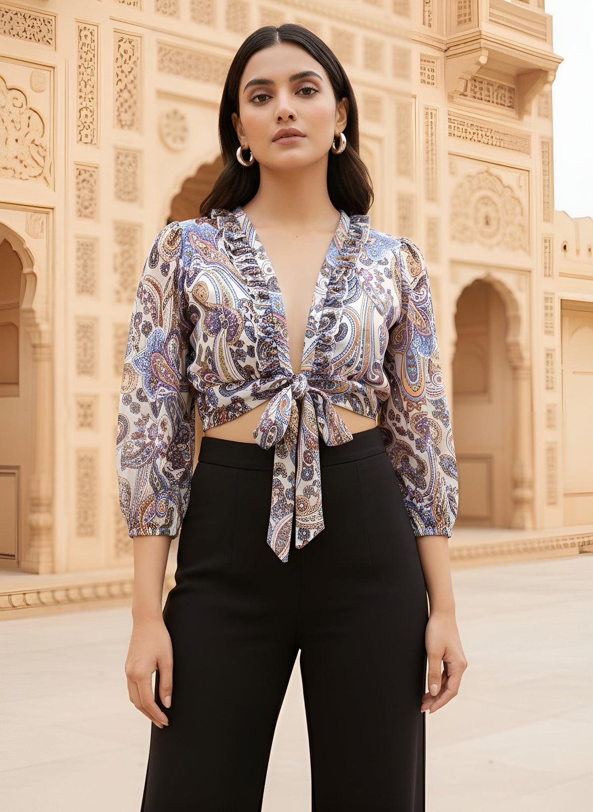 Multicolor Printed Chiffon Wrap Top