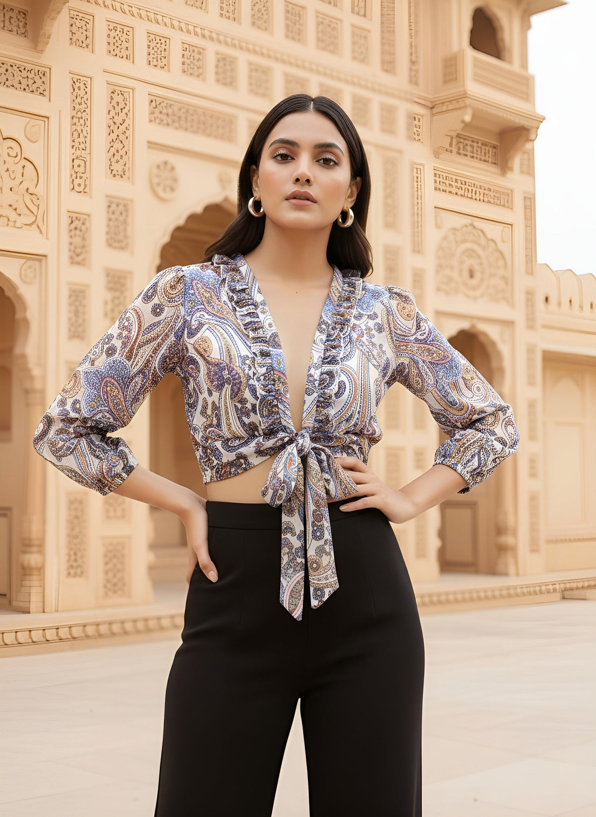 Multicolor Printed Chiffon Wrap Top