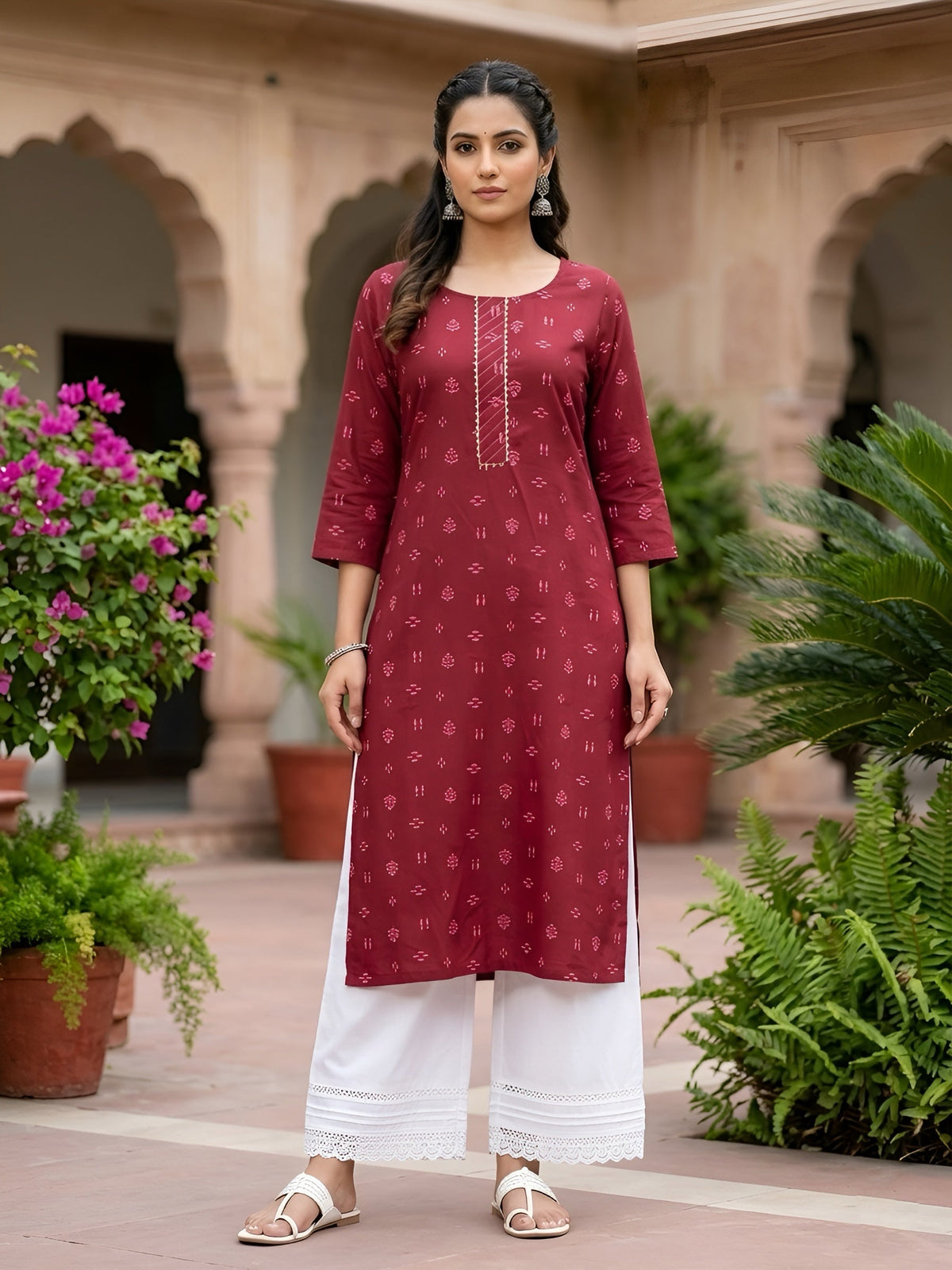 Maroon Printed Straight Kurta with Three Quarter Sleeves