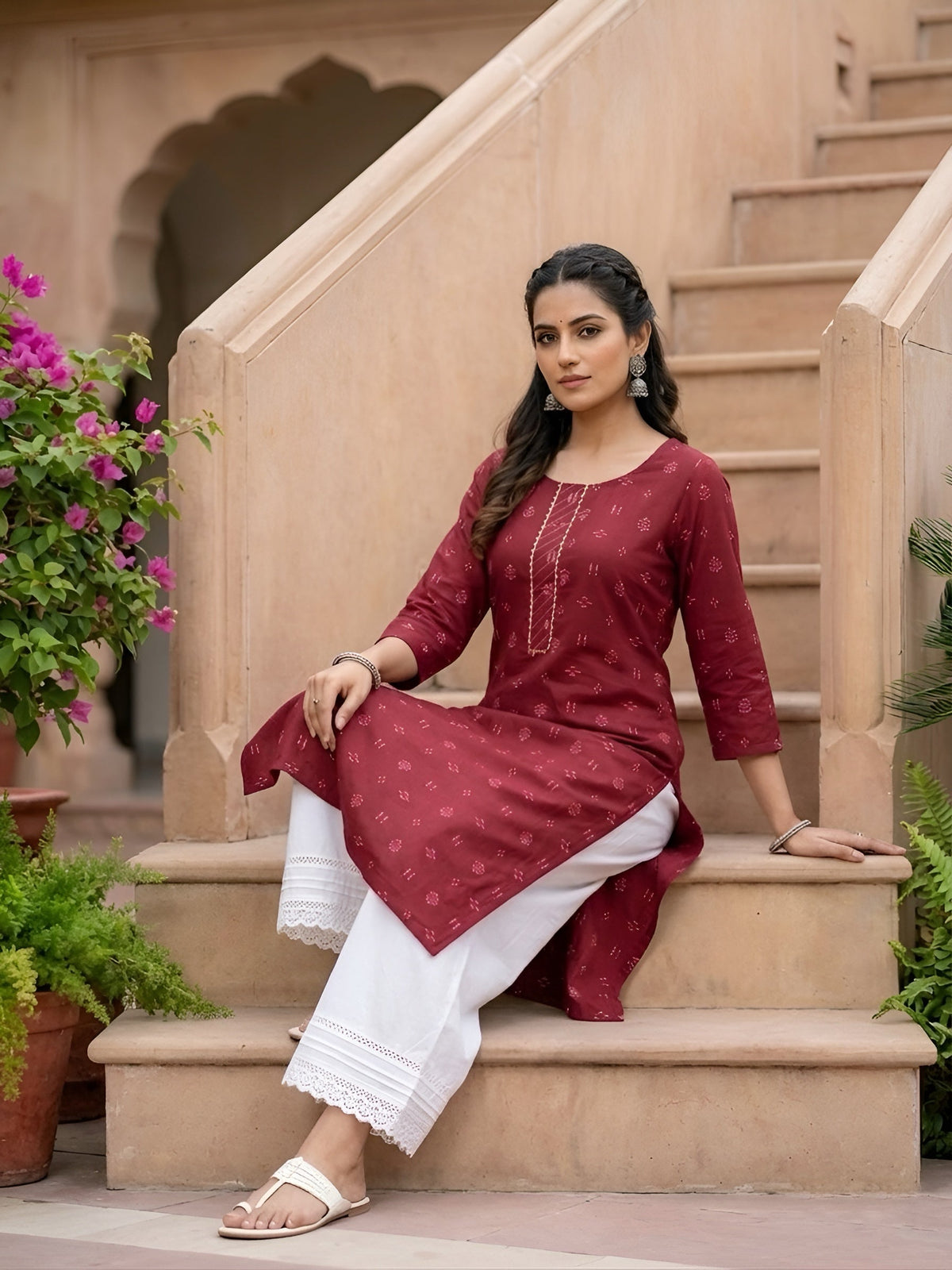 Maroon Printed Straight Kurta with Three Quarter Sleeves