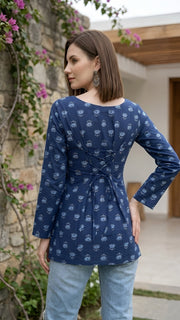 Women Blue Printed Straight Tunic With Tie-up Neck