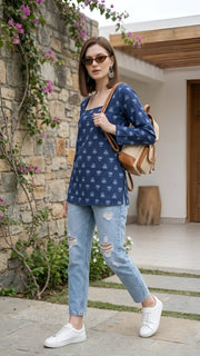 Women Blue Printed Straight Tunic With Tie-up Neck