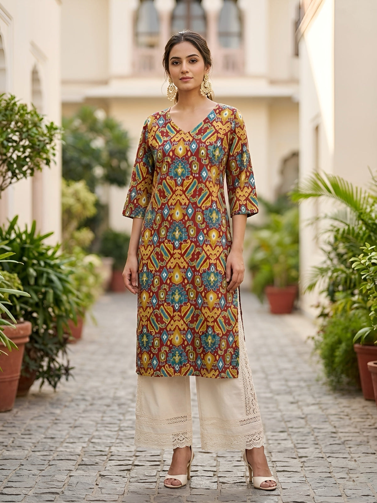 Multicolor Printed Straight Kurta with Three Quarter Sleeves