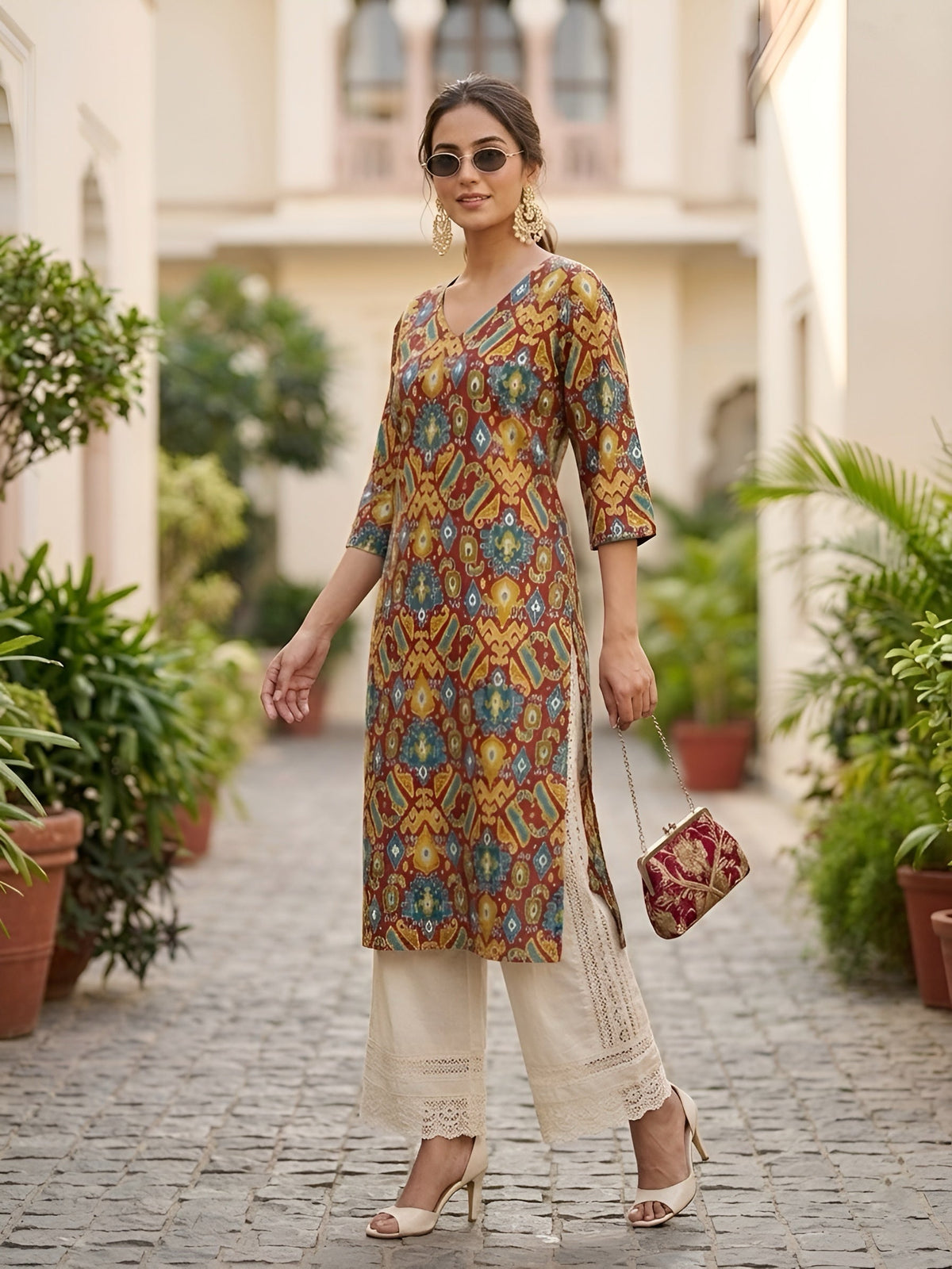 Multicolor Printed Straight Kurta with Three Quarter Sleeves