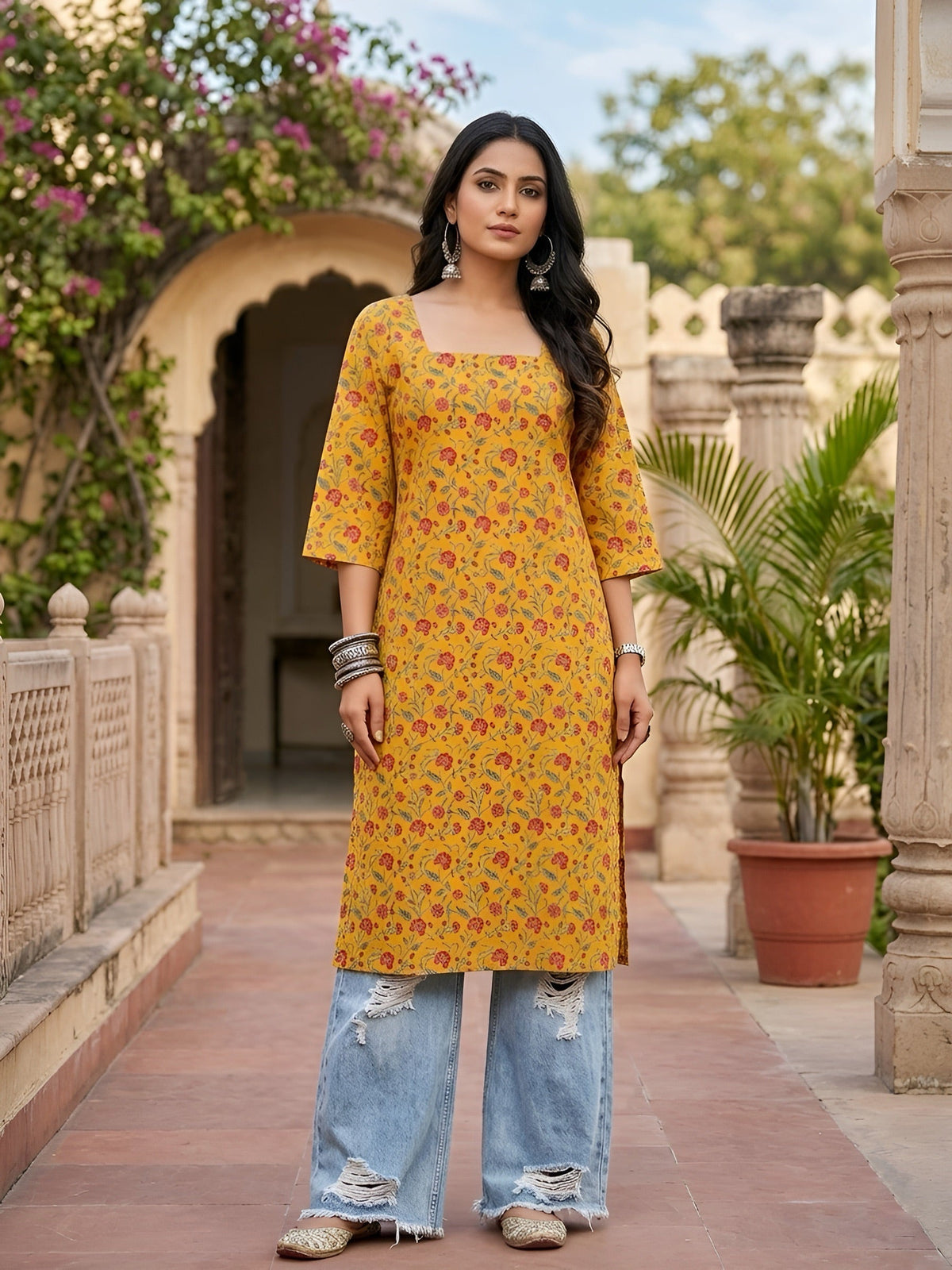 Yellow Printed Straight Kurta with Three Quarter Sleeves