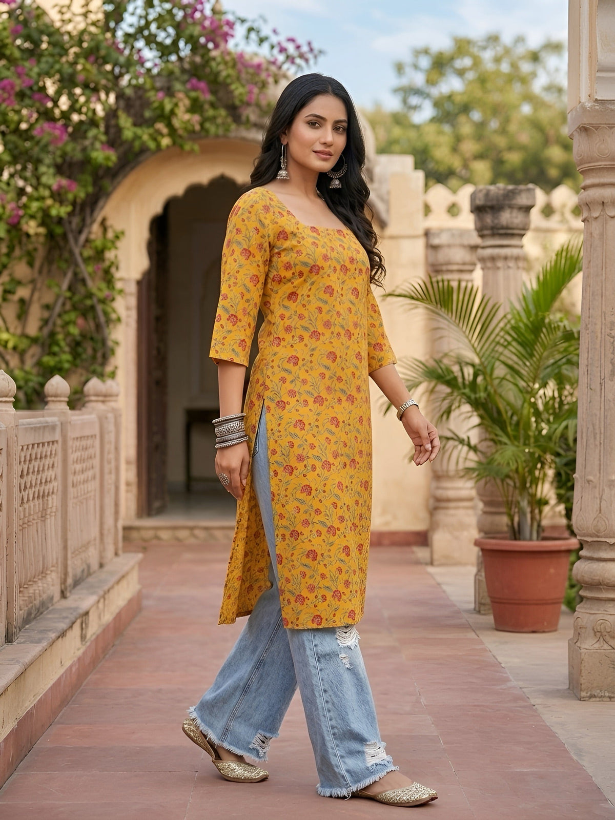 Yellow Printed Straight Kurta with Three Quarter Sleeves