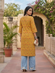 Yellow Printed Straight Kurta with Three Quarter Sleeves