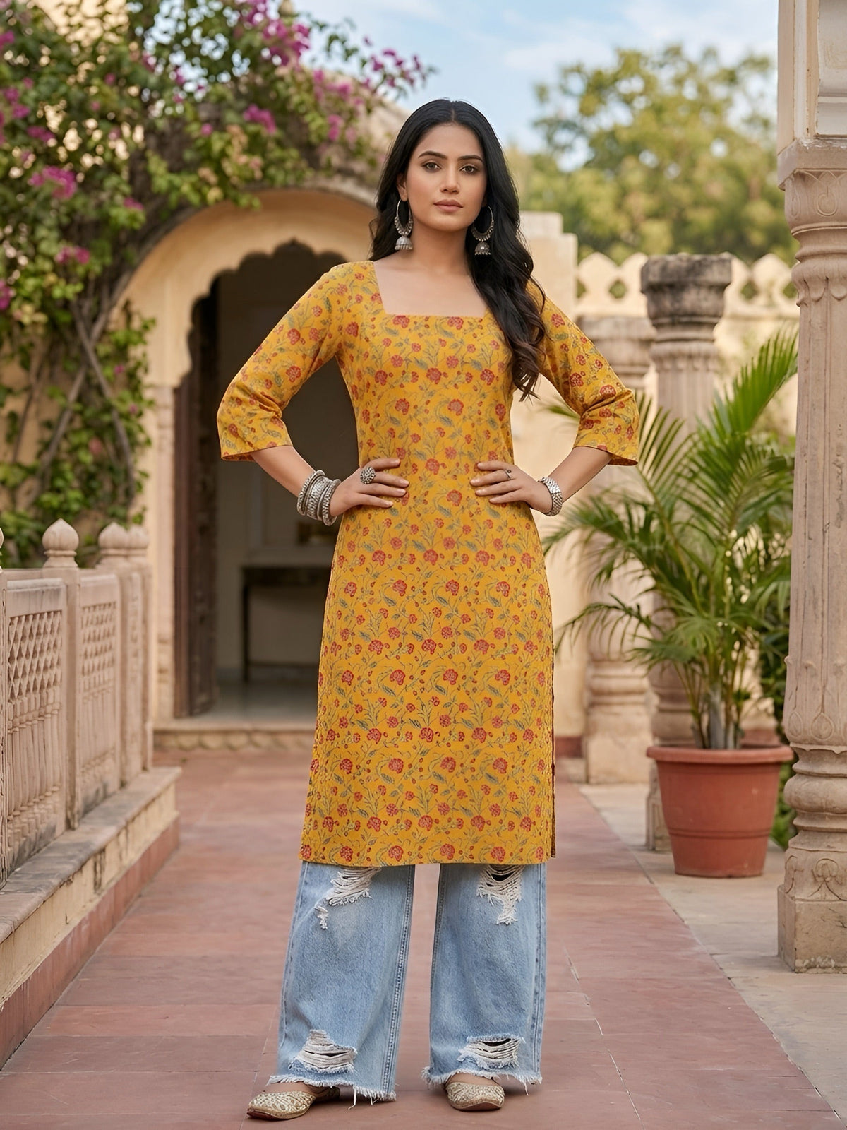 Yellow Printed Straight Kurta with Three Quarter Sleeves