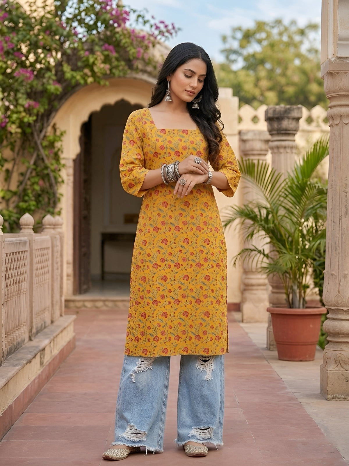Yellow Printed Straight Kurta with Three Quarter Sleeves