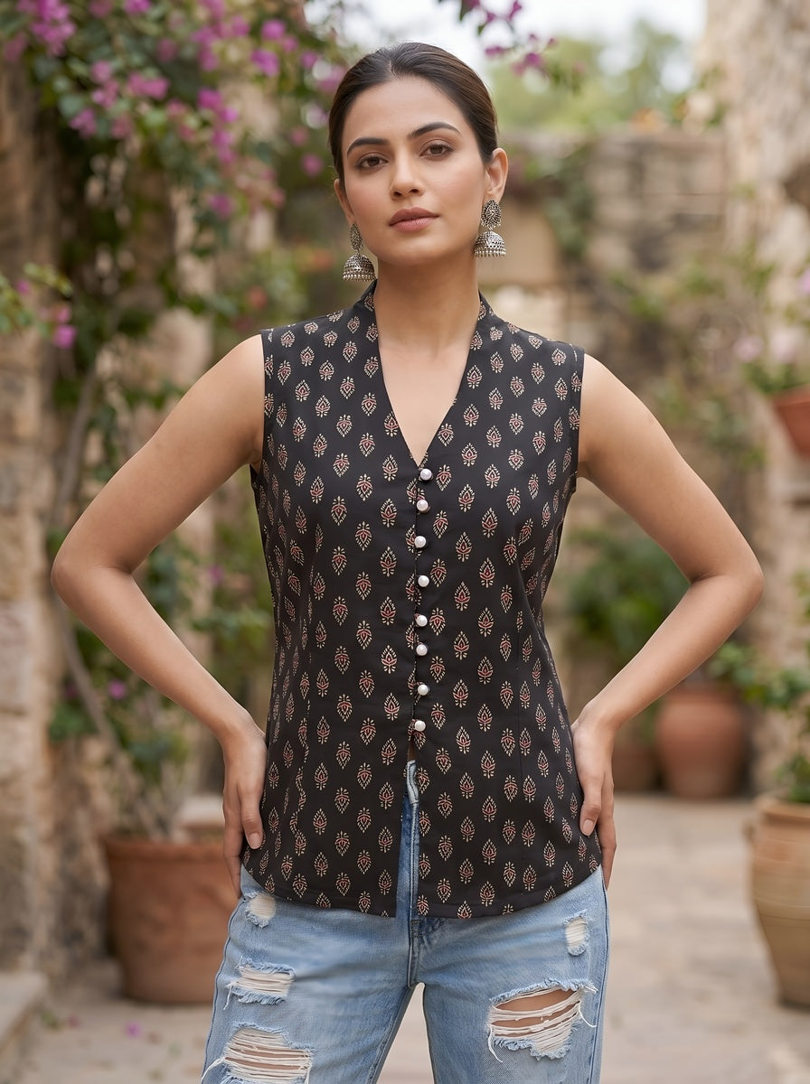 Women Black Printed Top