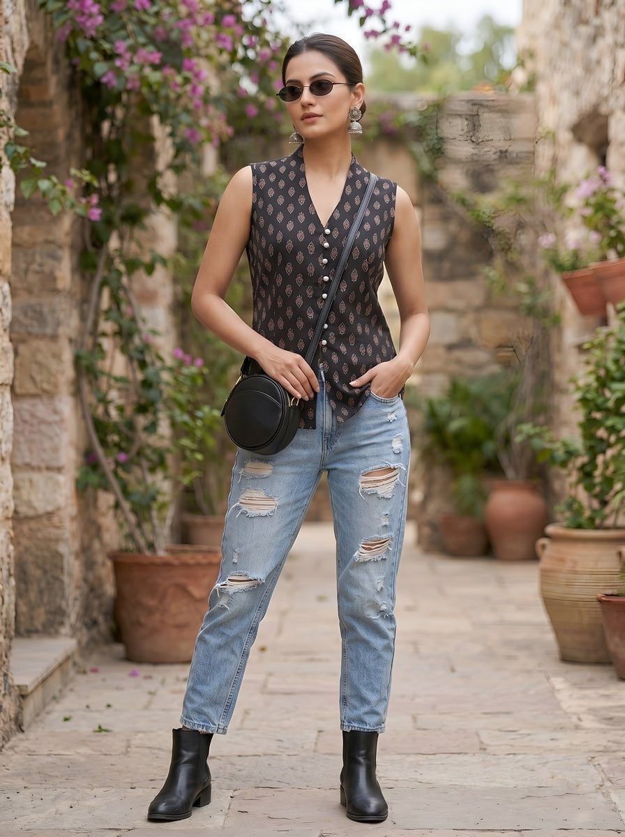 Women Black Printed Top