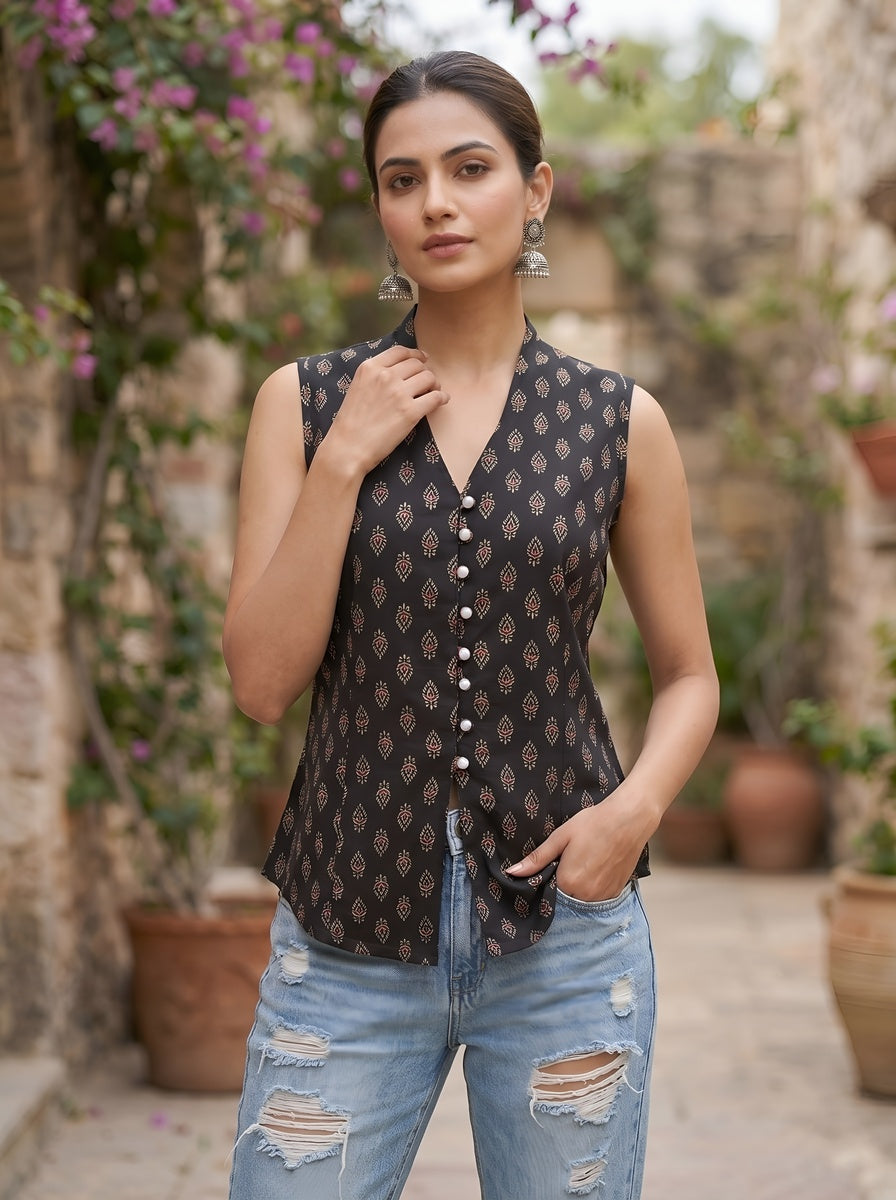 Women Black Printed Top