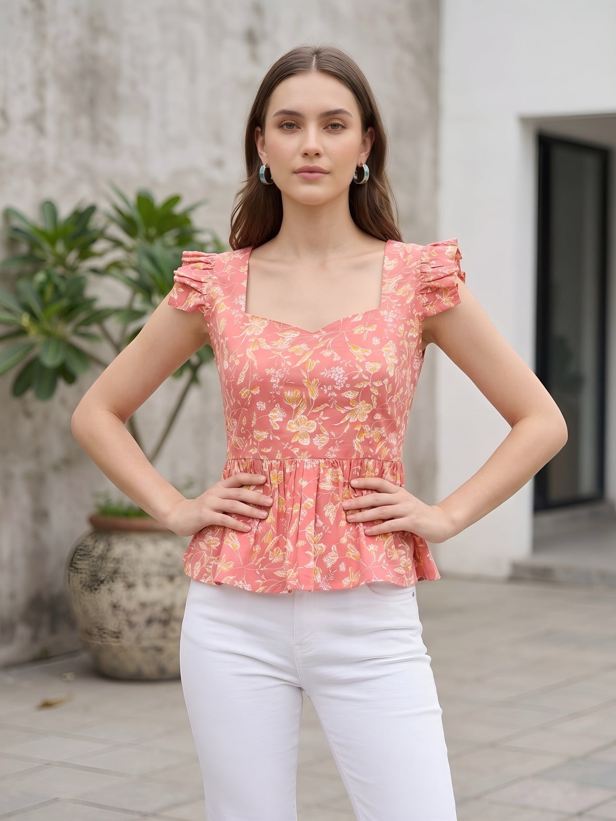 Peach Floral Printed Top for Women