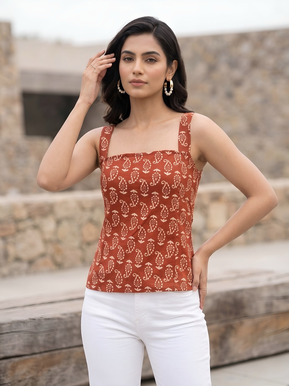 Women Rust Printed Top