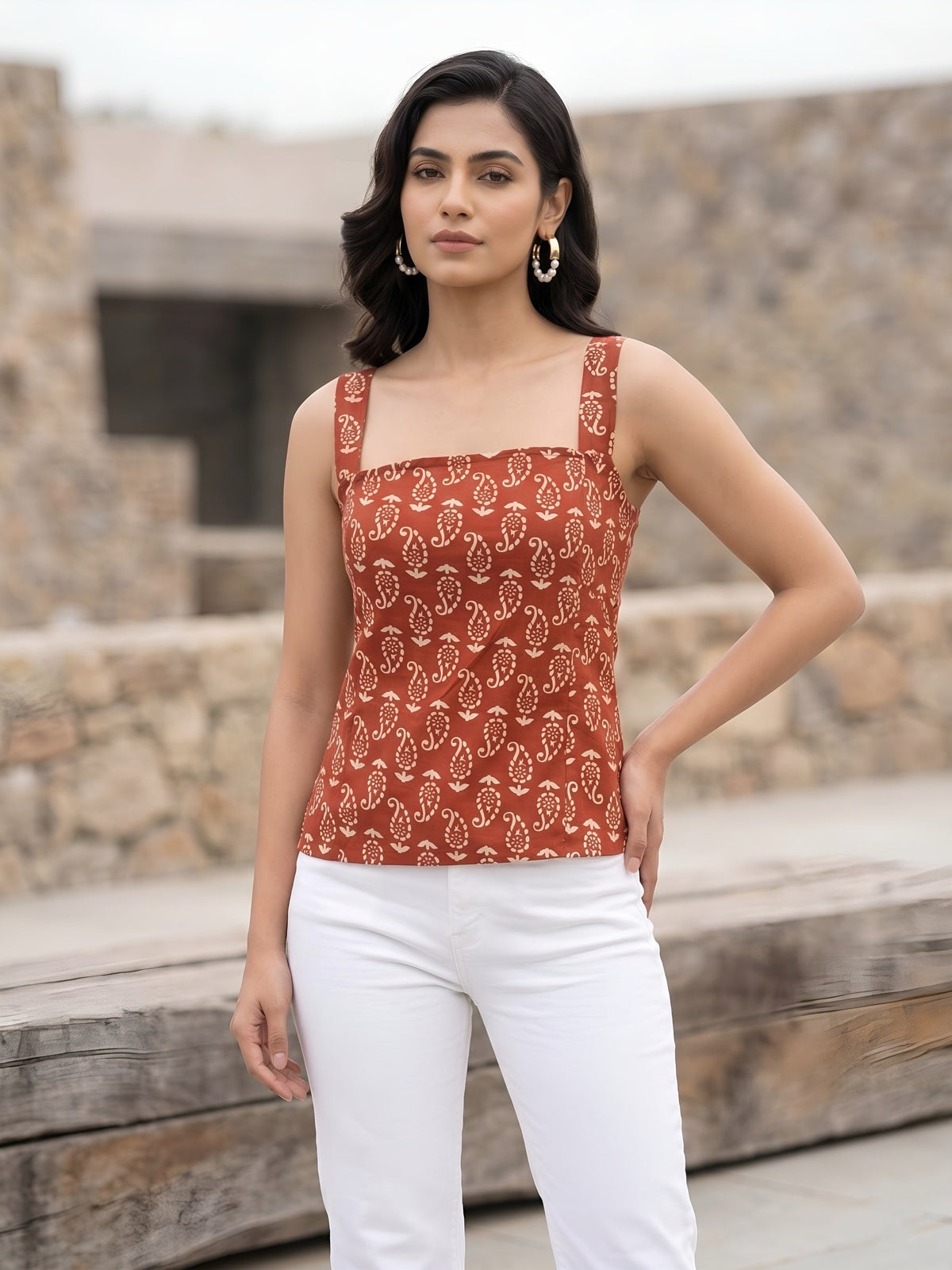 Women Rust Printed Top