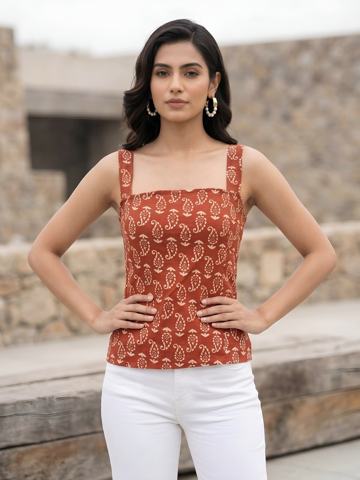 Women Rust Printed Top