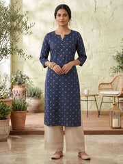 Blue Printed Straight Kurta with Three Quarter Sleeves