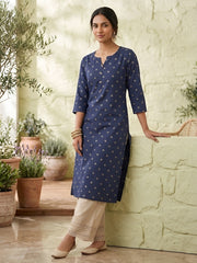 Blue Printed Straight Kurta with Three Quarter Sleeves