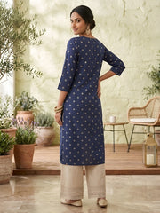 Blue Printed Straight Kurta with Three Quarter Sleeves