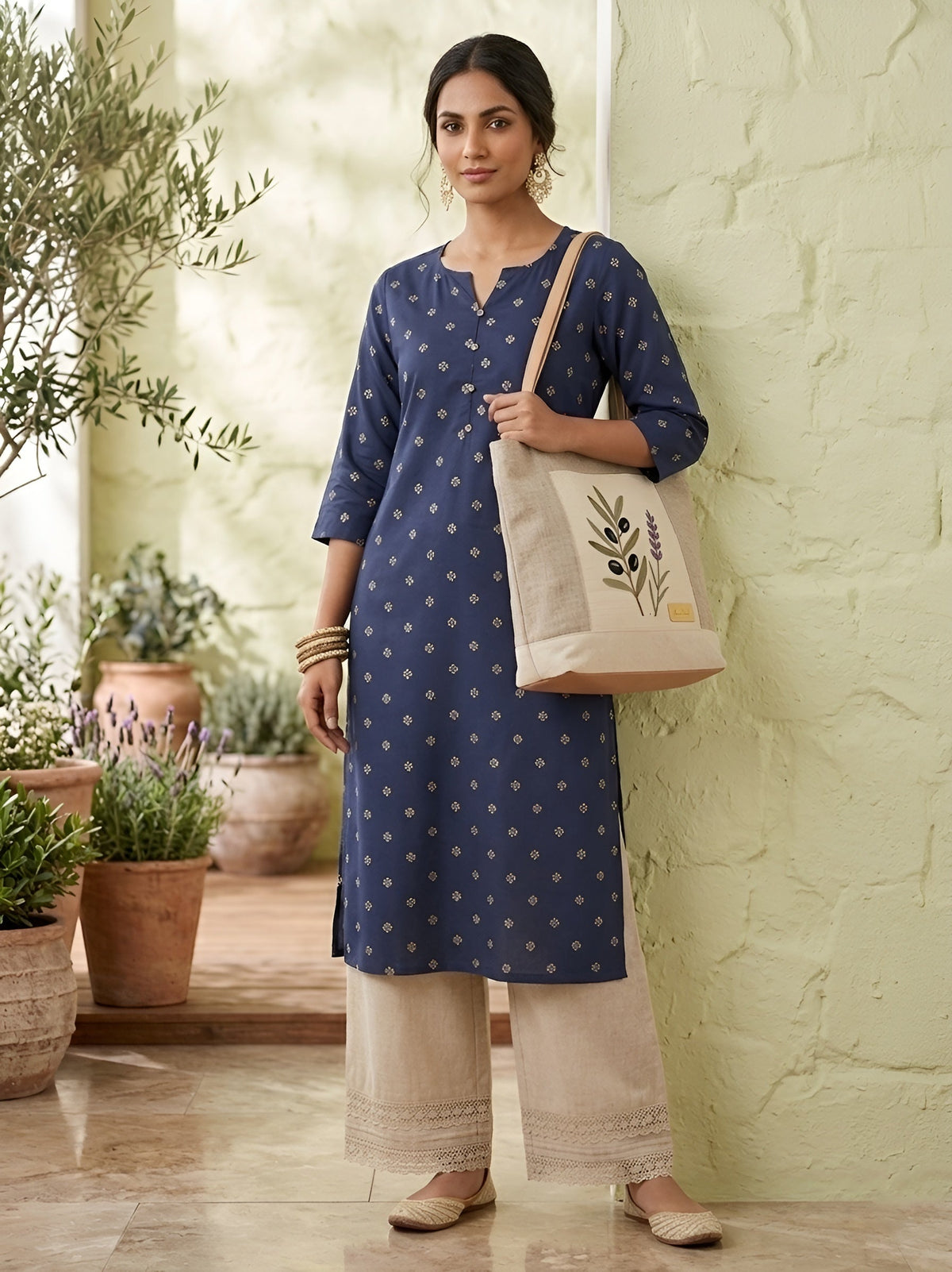 Blue Printed Straight Kurta with Three Quarter Sleeves