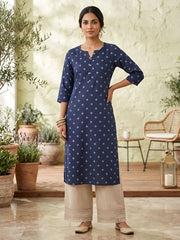 Blue Printed Straight Kurta with Three Quarter Sleeves