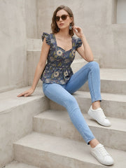 Women Blue Printed Stylish Crop Top