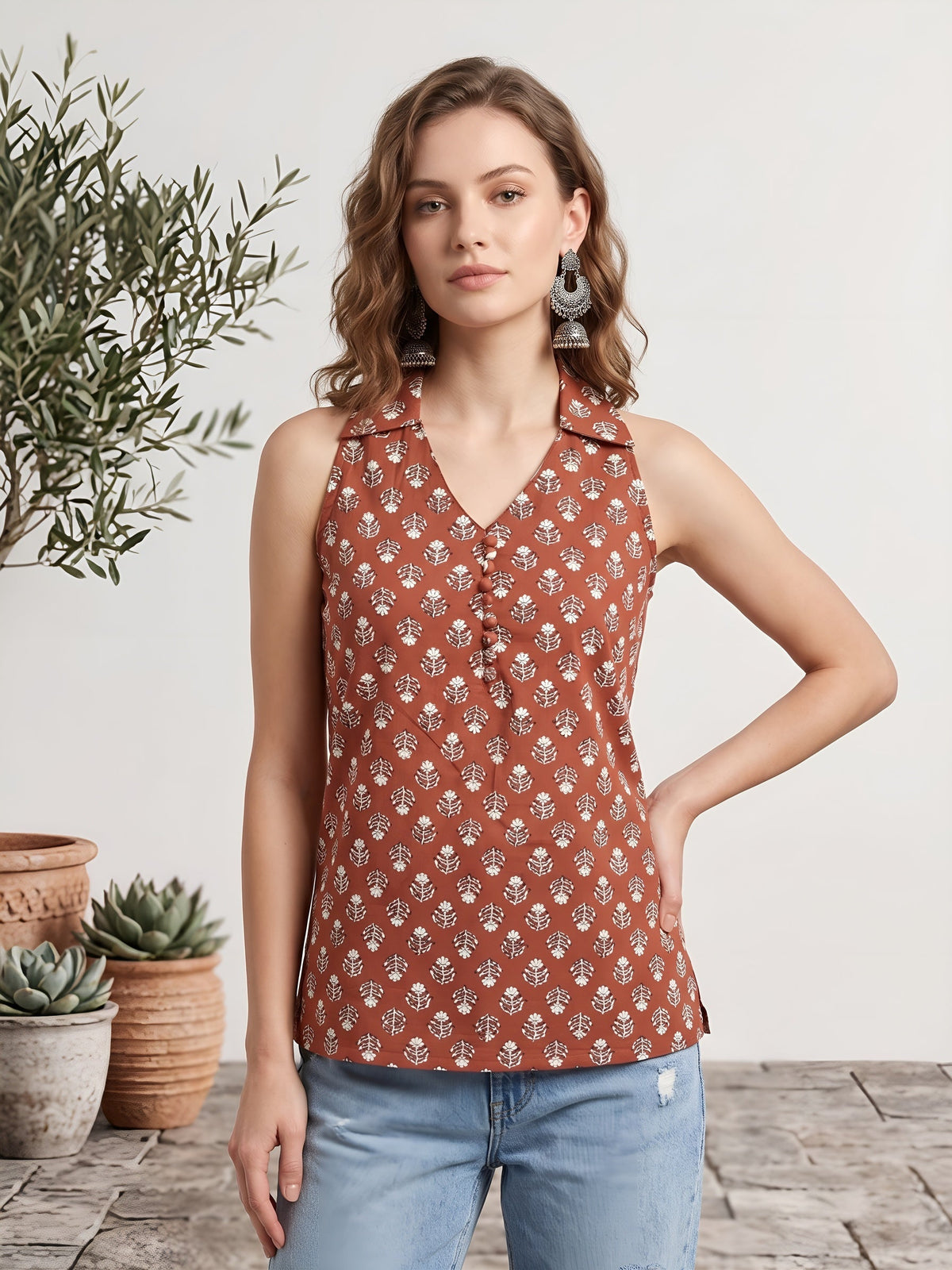 Women Rust Printed Stylish Crop Top