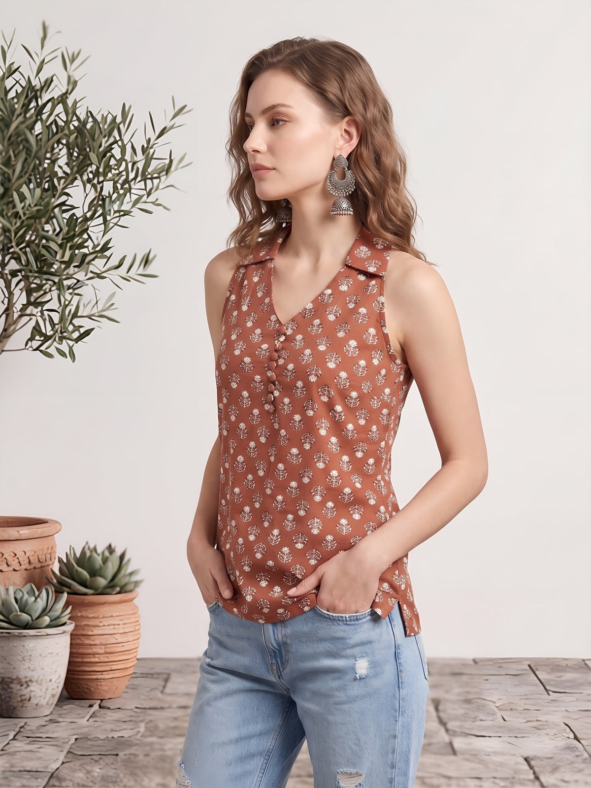 Women Rust Printed Stylish Crop Top
