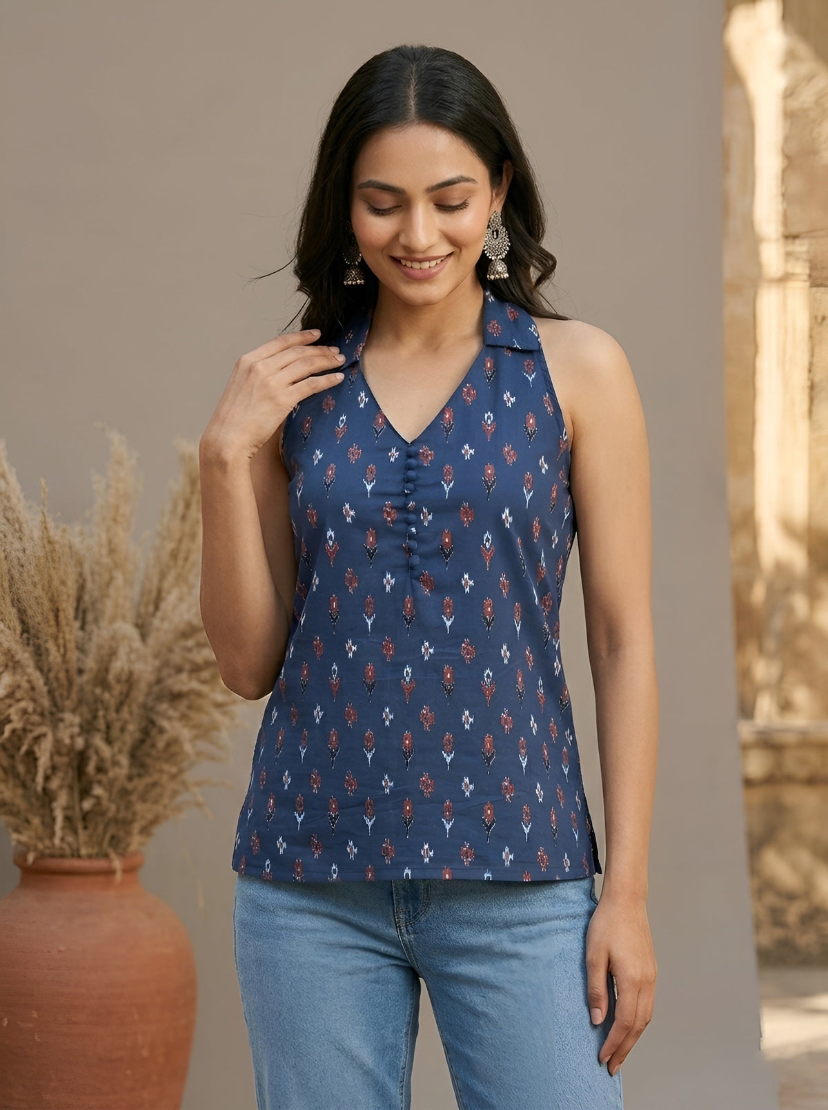 Women Blue Printed Stylish Crop Top