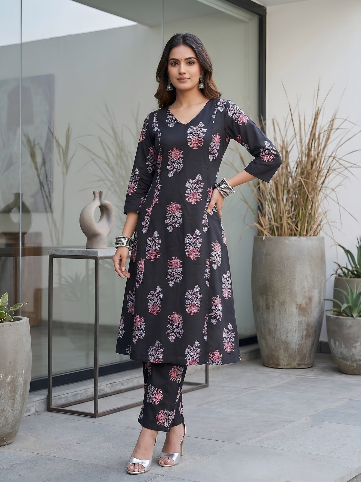 Black Printed Two Piece Rayon Co-ord Set for Women