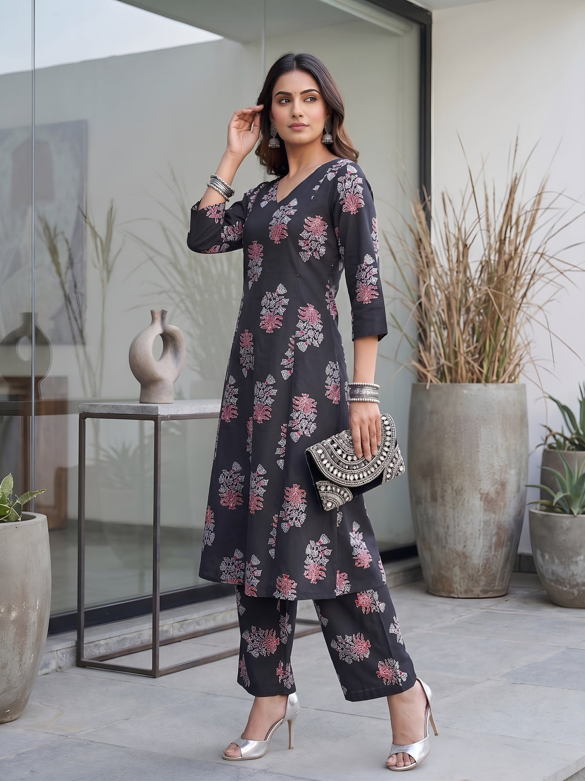 Black Printed Two Piece Rayon Co-ord Set for Women