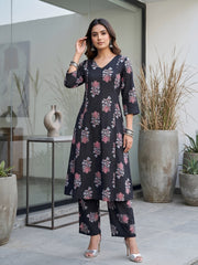 Black Printed Two Piece Rayon Co-ord Set for Women