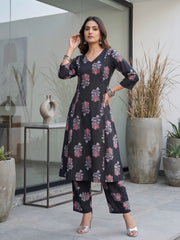 Black Printed Two Piece Rayon Co-ord Set for Women