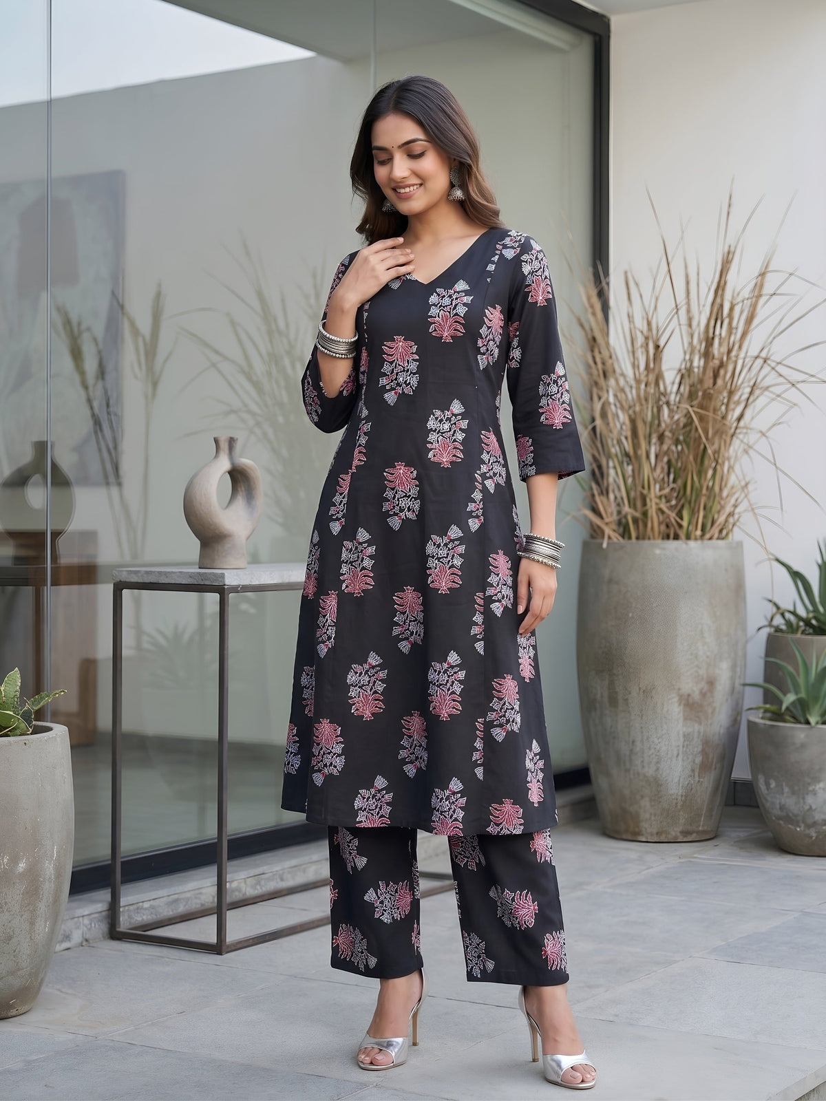 Black Printed Two Piece Rayon Co-ord Set for Women