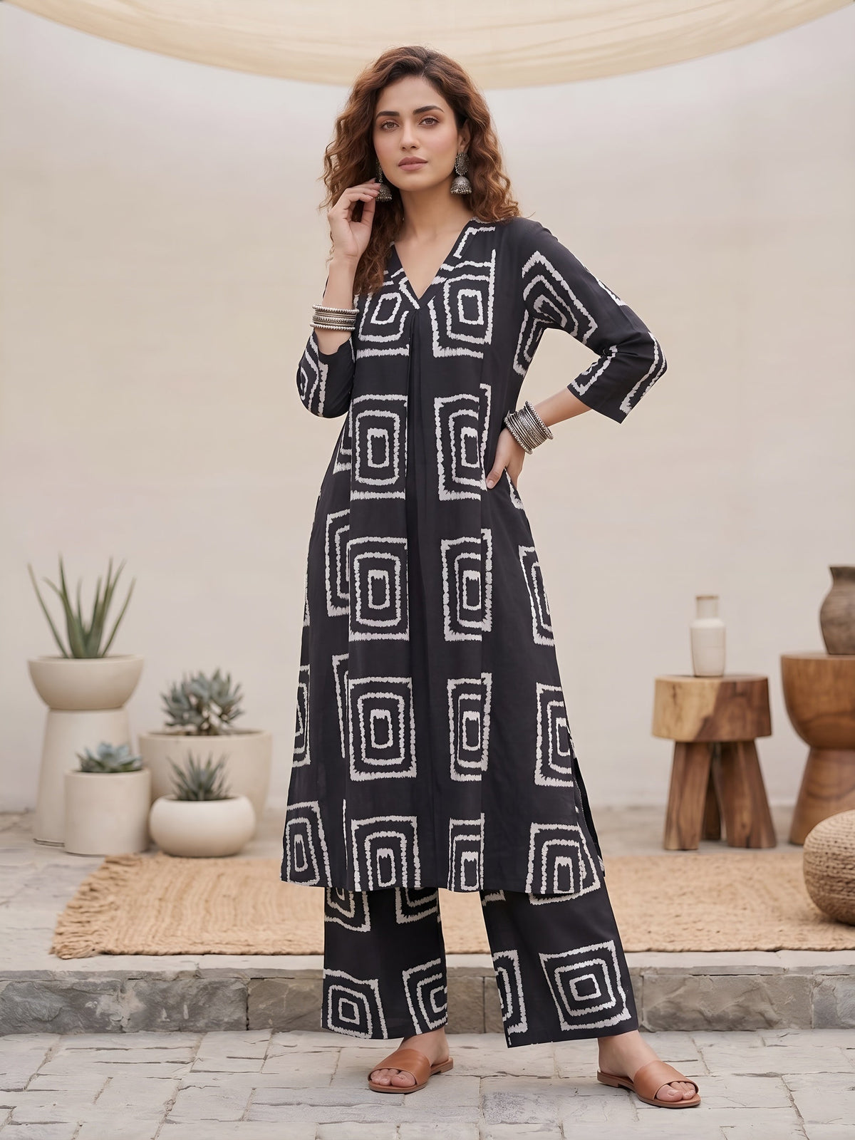 Black Printed Two Piece Rayon Co-ord Set for Women