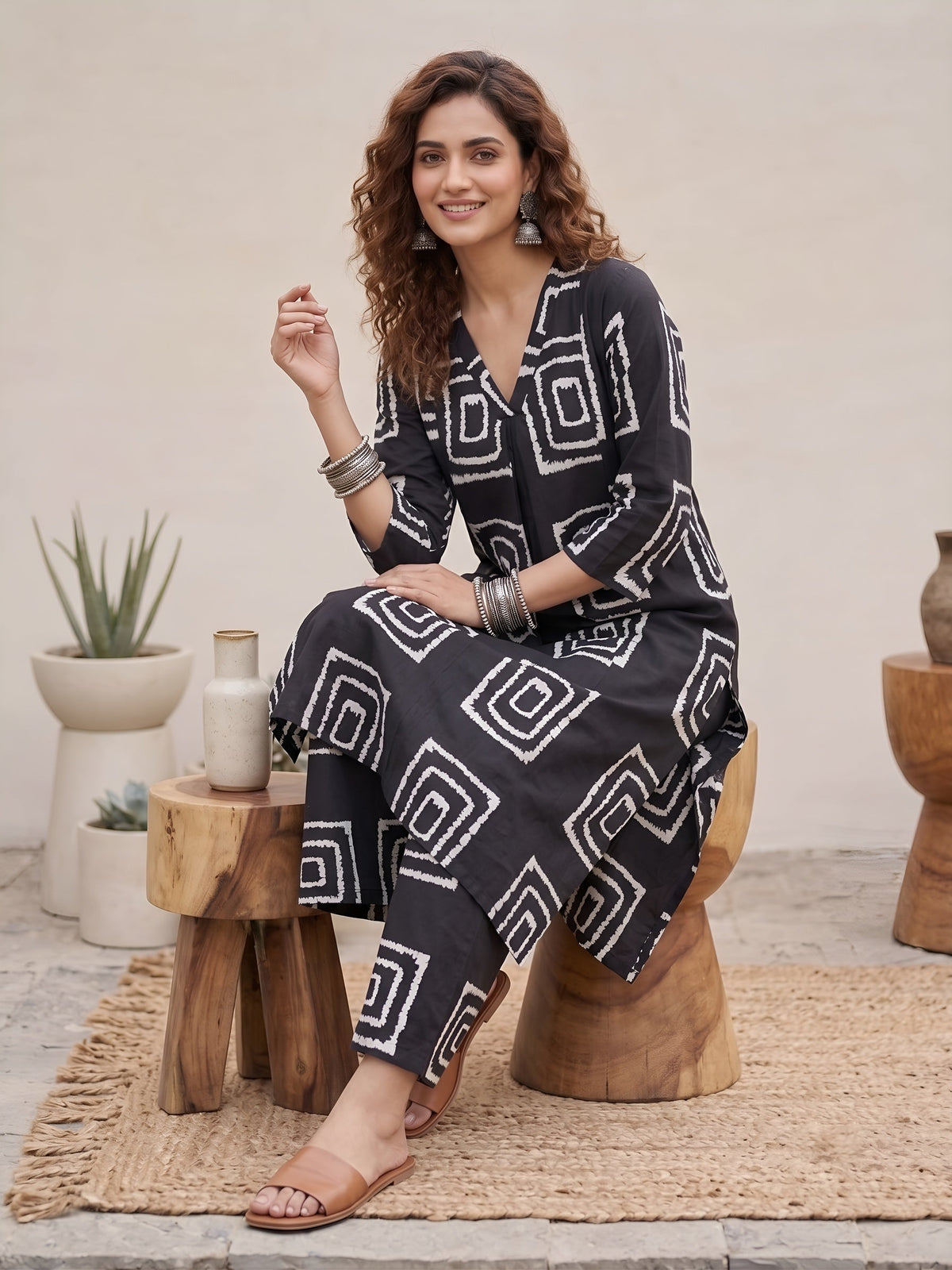 Black Printed Two Piece Rayon Co-ord Set for Women